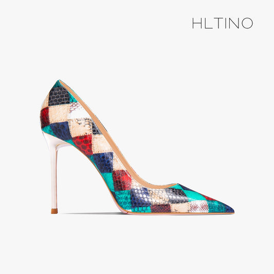 Summer New Red Plaid Snake Pattern Pointed High Heel Shoes Women's French Large Lacquer Shoes
