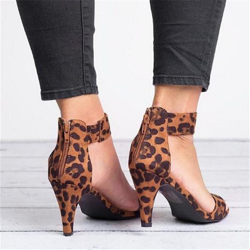 Women Flock Square Heel Sandals Leopard High Heels Buckle Strap Female Ladies Woman Sandal Shoes Girls
