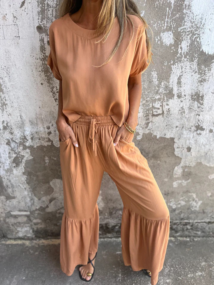 Short-sleeved Summer Pullover Top And Drawstring Wide-leg Pants For Women