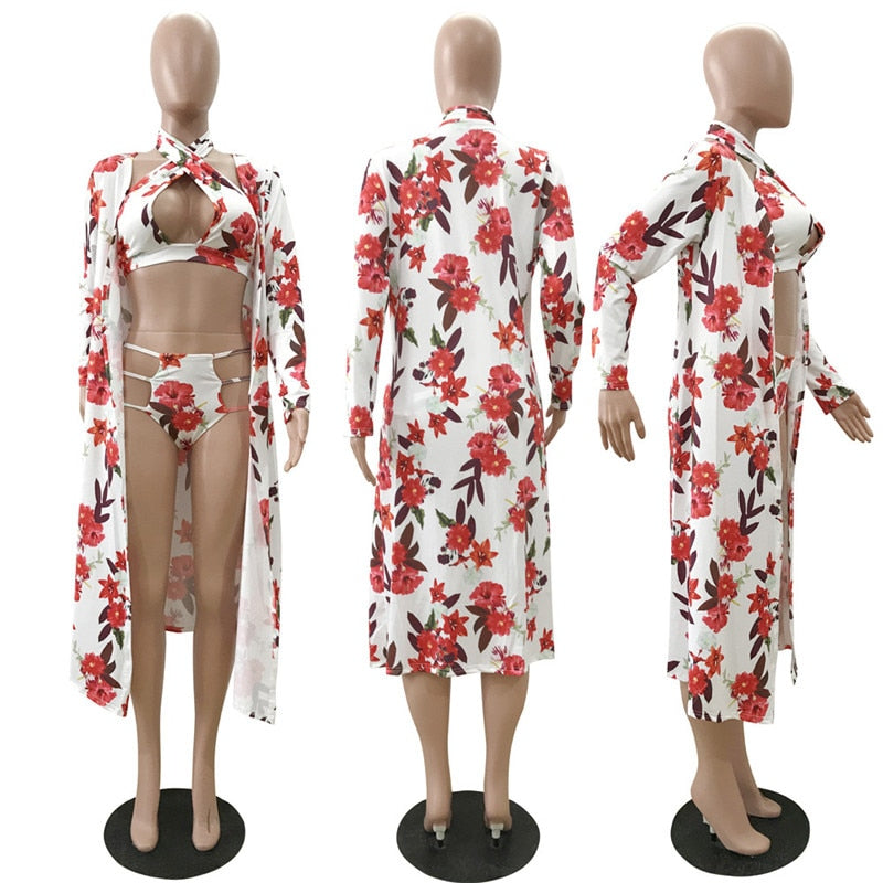 Bikini+Cove Up 3PCS Set Sexy Thong High Cut Swimwear Women Floral Print Swimsuit Beach Cardigan Swim Wear