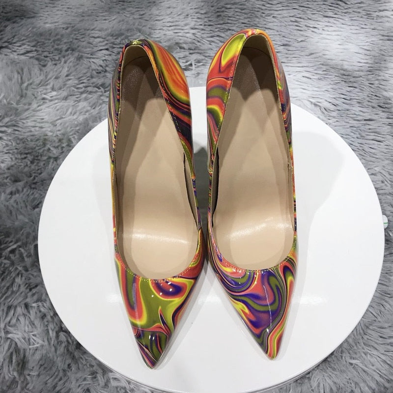 Art Painting Printed Women Partent Stiletto High Heels Customize Fashion Pumps Chic Ladies Party Shoes Plus Size 33-45