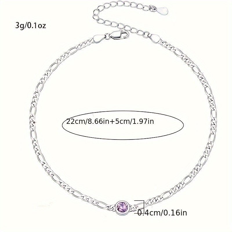 Women's Anklet, Sterling Silver Diamond Cut 3mm Link Anklet With Heart-Round Birthstone, Length 8.5 - 10.5