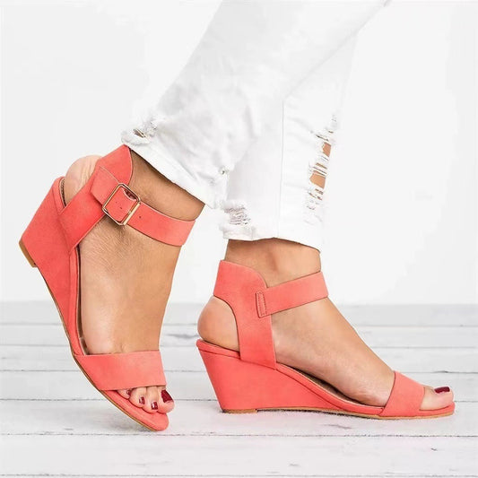 Women's Sandals Solid Color European and American Wind Fish Mouth Open Toe One line Buckle Elevated Slope Heel Sandals