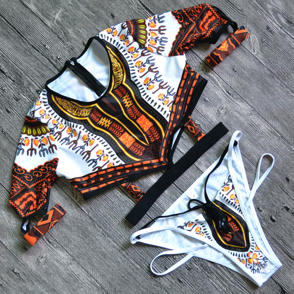 African Short Sleeve Swimsuit Dashiki Print Bikini Set Bikinis Women Thong Swimwear