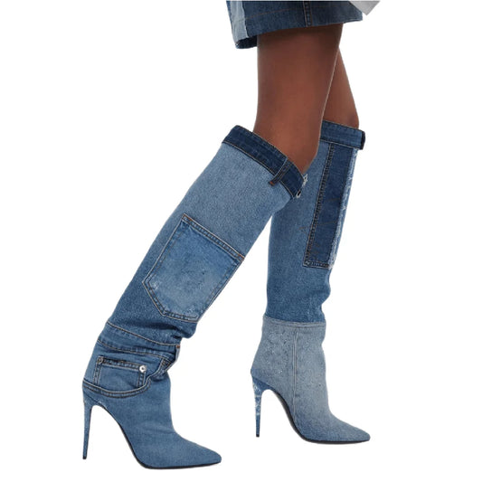 Women Worn Washed Cloth Over The Knee Boots