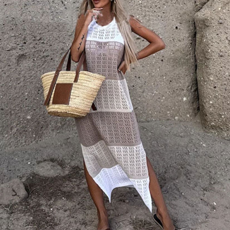 Round Neck Sleeveless Contrast Color Slit Hemline Knitted Dress