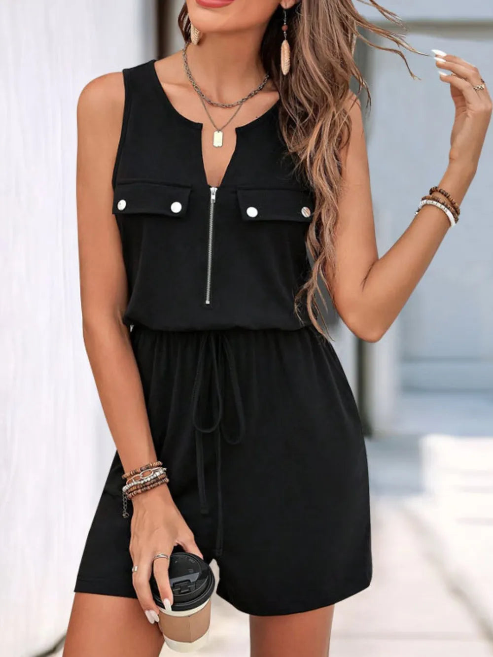 Fake pocket zipper sleeveless black jumpsuit shorts