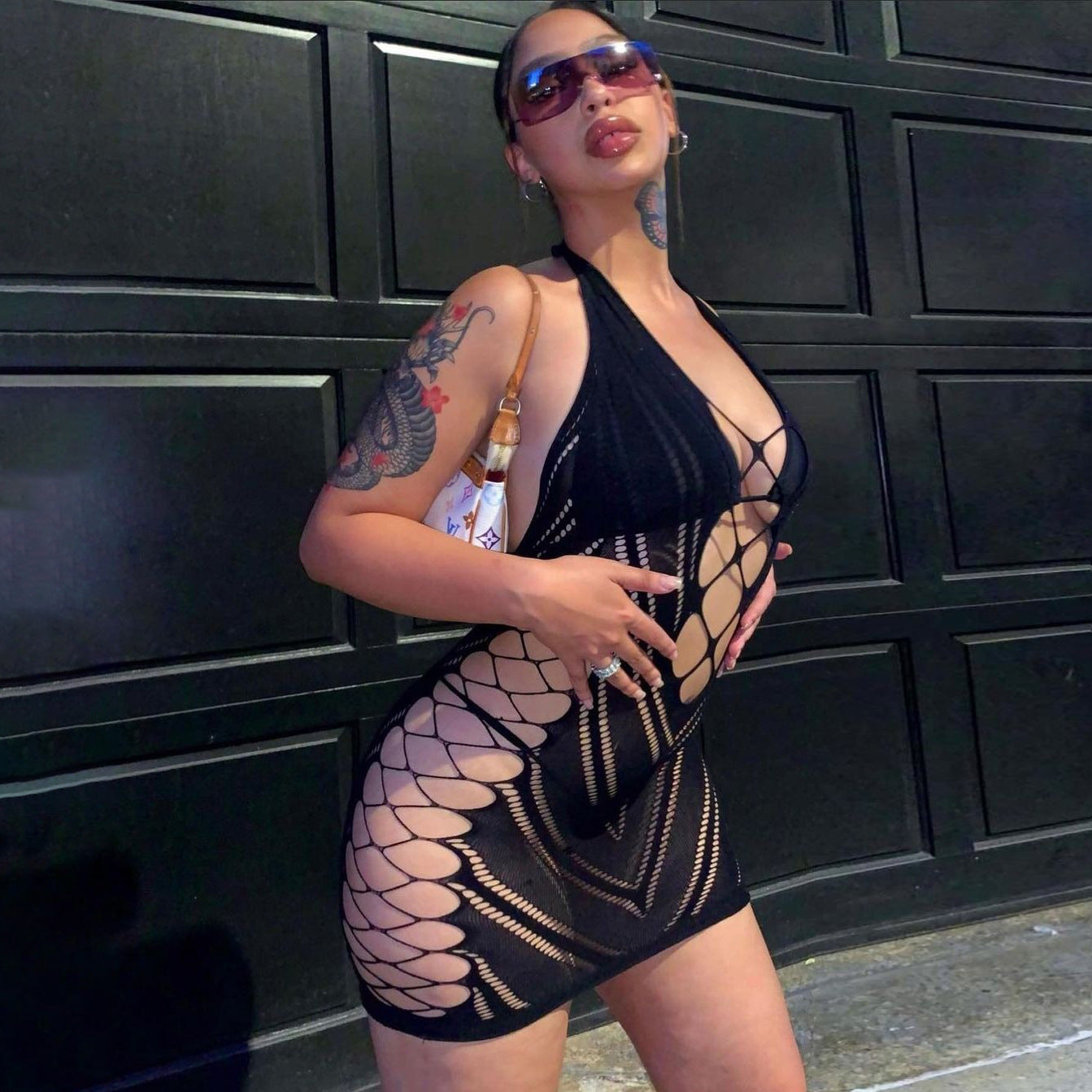 Sexy lace mesh dress with hanging neck and exposed backpack buttocks dress