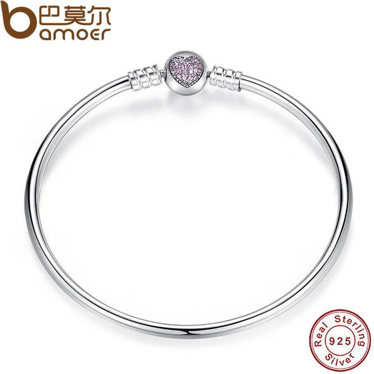 BAMOER 925 Sterling Silver Snake Chain Heart Bangle & Bracelet Luxury Jewelry