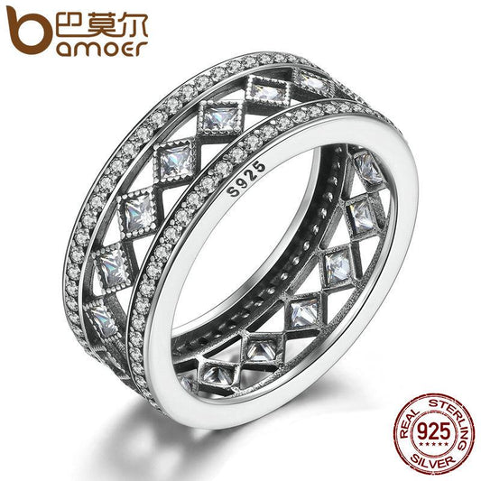BAMOER 925 Sterling Silver Square Vintage Fascination, Clear CZ Ring