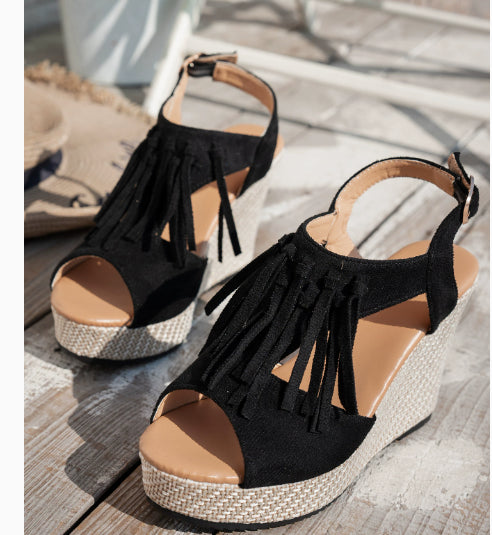 Fringe Peep Toe Wedge Sandals