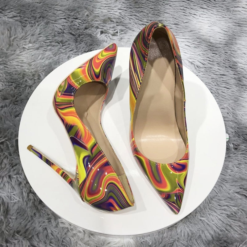 Art Painting Printed Women Partent Stiletto High Heels Customize Fashion Pumps Chic Ladies Party Shoes Plus Size 33-45