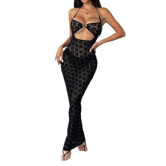 Hanging neck perspective low cut metal ring hollow sexy hip hugging dress for women