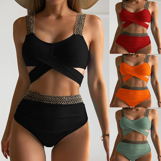 Split tight female sexy cross backless solid color swimsuit