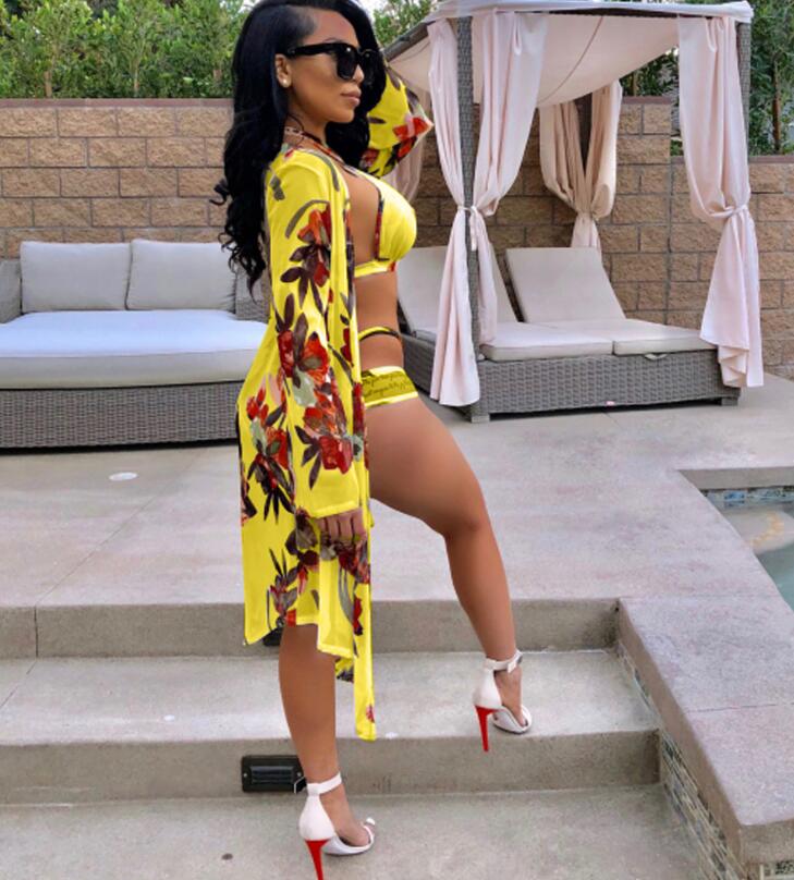 Bikini+Cove Up 3PCS Set Sexy Thong High Cut Swimwear Women Floral Print Swimsuit Beach Cardigan Swim Wear
