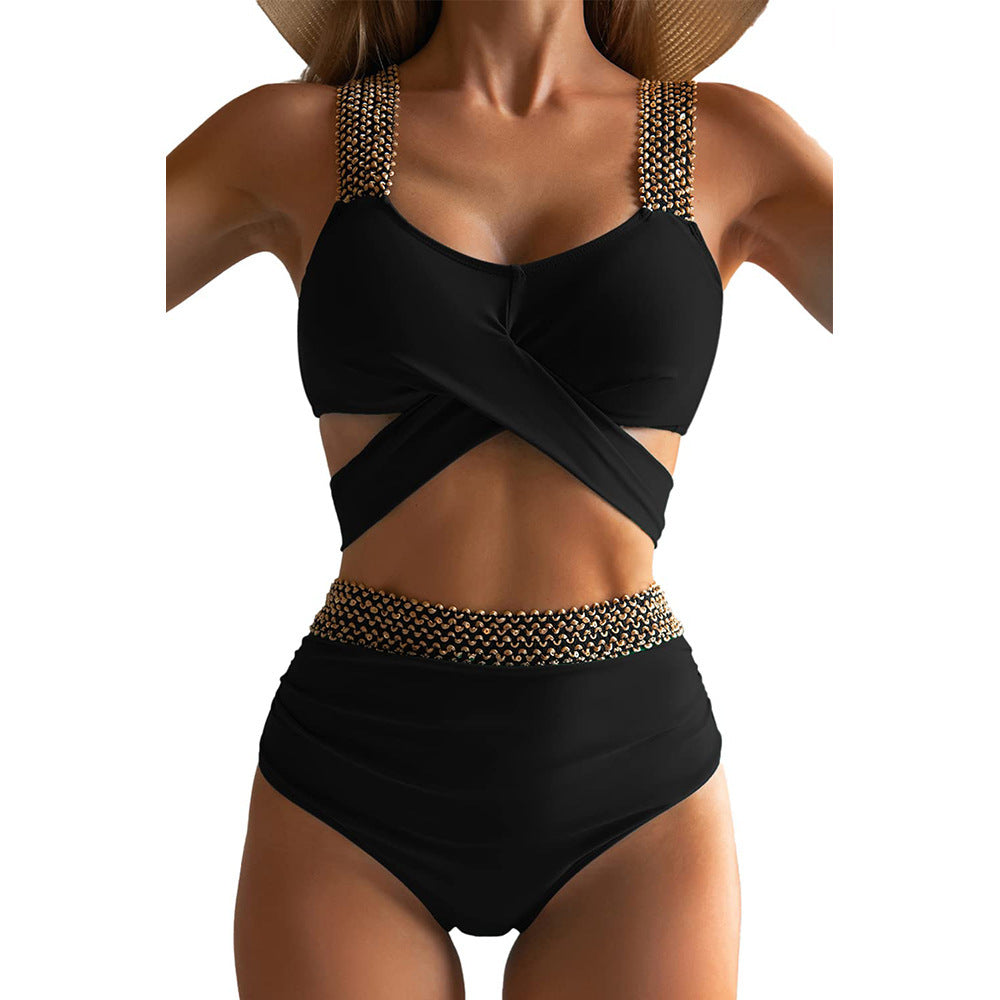 Split tight female sexy cross backless solid color swimsuit
