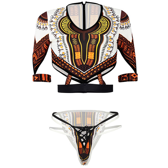 African Short Sleeve Swimsuit Dashiki Print Bikini Set Bikinis Women Thong Swimwear