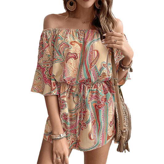 Printed Off Shoulder Half Sleeve Romper