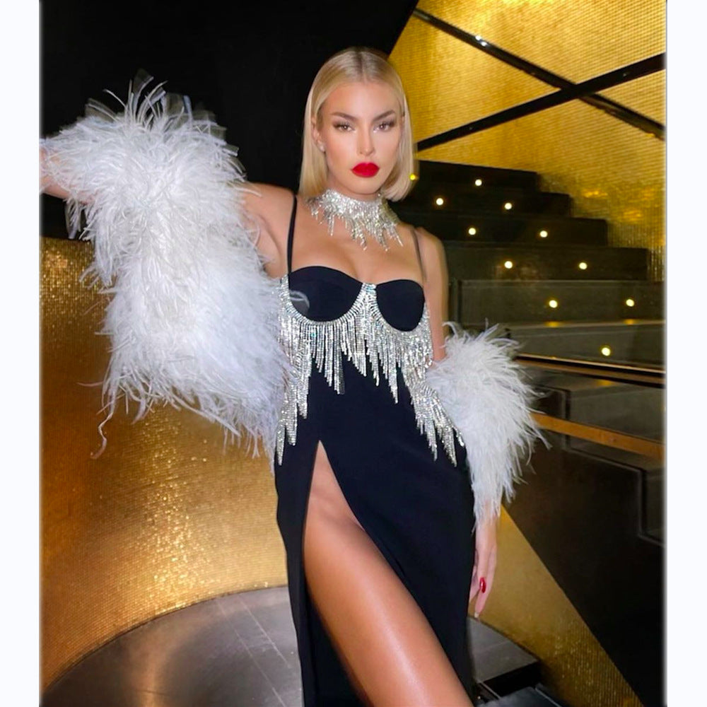High Luxury Tassel Sexy High Waist Slit Suspender Dress