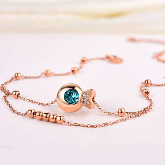 925 Sterling Silver Double Beaded Big Anklet Korean Edition Ocean Heart Small Fish Feet Rose Gold Plated Jewelry