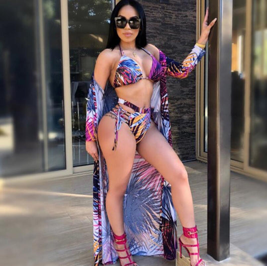 Bikini+Cove Up 3PCS Set Sexy Thong High Cut Swimwear Women Floral Print Swimsuit Beach Cardigan Swim Wear