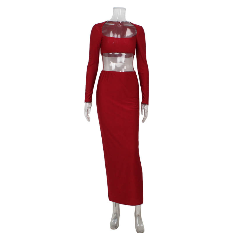 Women’s long sleeved long skirt set, strapless short top, high waist, hip hugging skirt, two-piece set