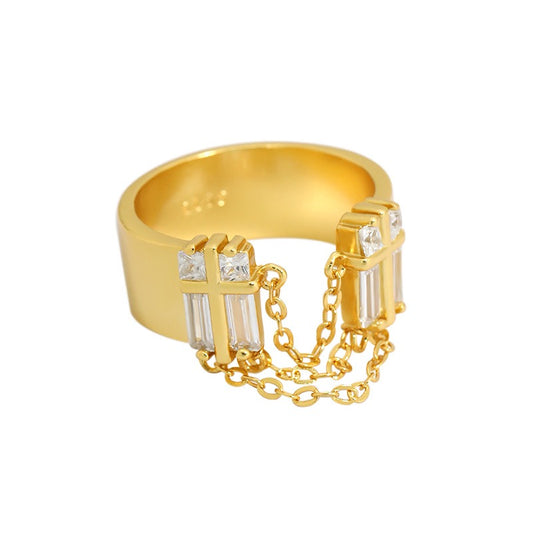 simple cold style zircon chain tassel texture S925 sterling silver ring for women