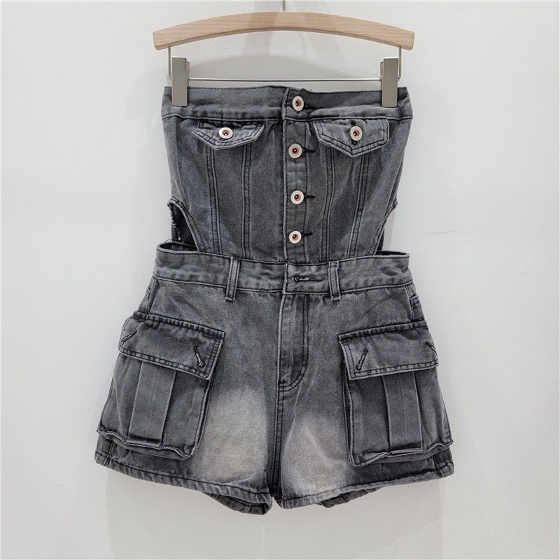 Breasted Hollow-out Midriff Tube Top Cowboy Siamese Shorts For Women