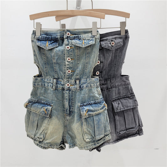 Breasted Hollow-out Midriff Tube Top Cowboy Siamese Shorts For Women