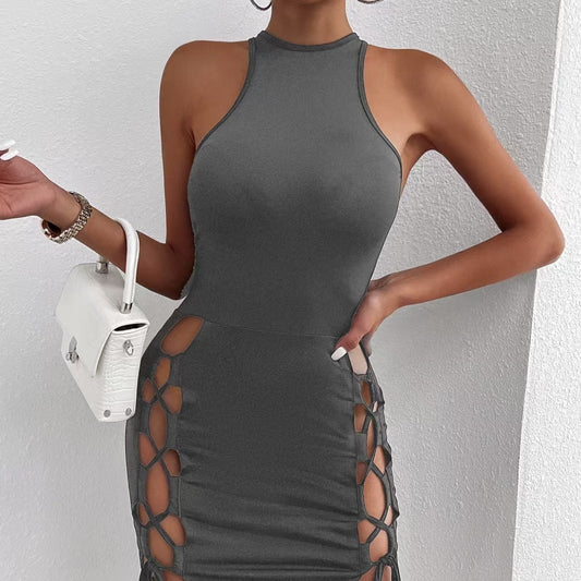 Women's Solid Color Sleeveless Skirt With Slit And Cross Tie, Dress, Short Skirt
