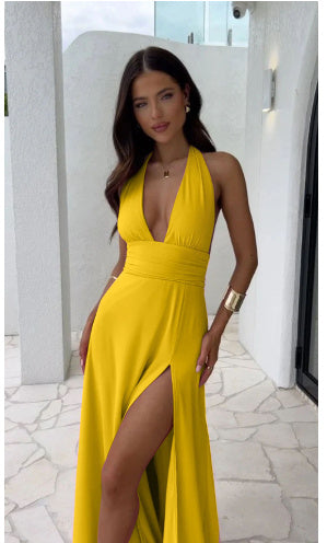 Halterneck V-neck Slit Dress Backless Strappy Skirt Fashion Temperament